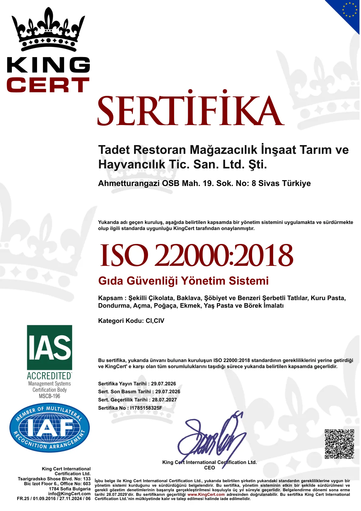 ISO 22000:2018 Gıda Güvenliği Yönetim Sistemi (Türkçe)